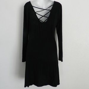 SO scoop neck, criss cross back A-line long sleeve little black dress